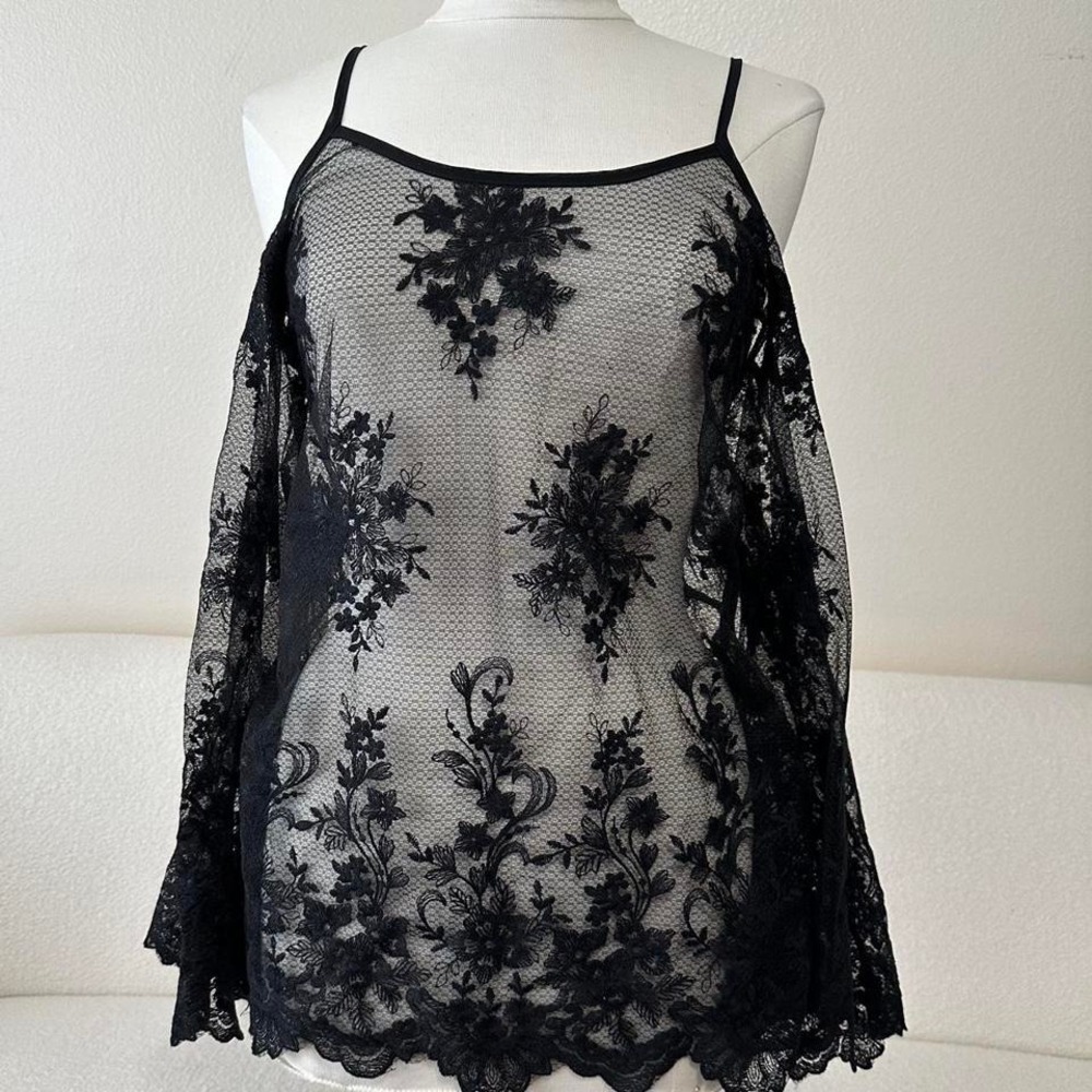 Boho Summer Cottage Core Sheer Floral Lace Cold Shoulder Top Women XL Black